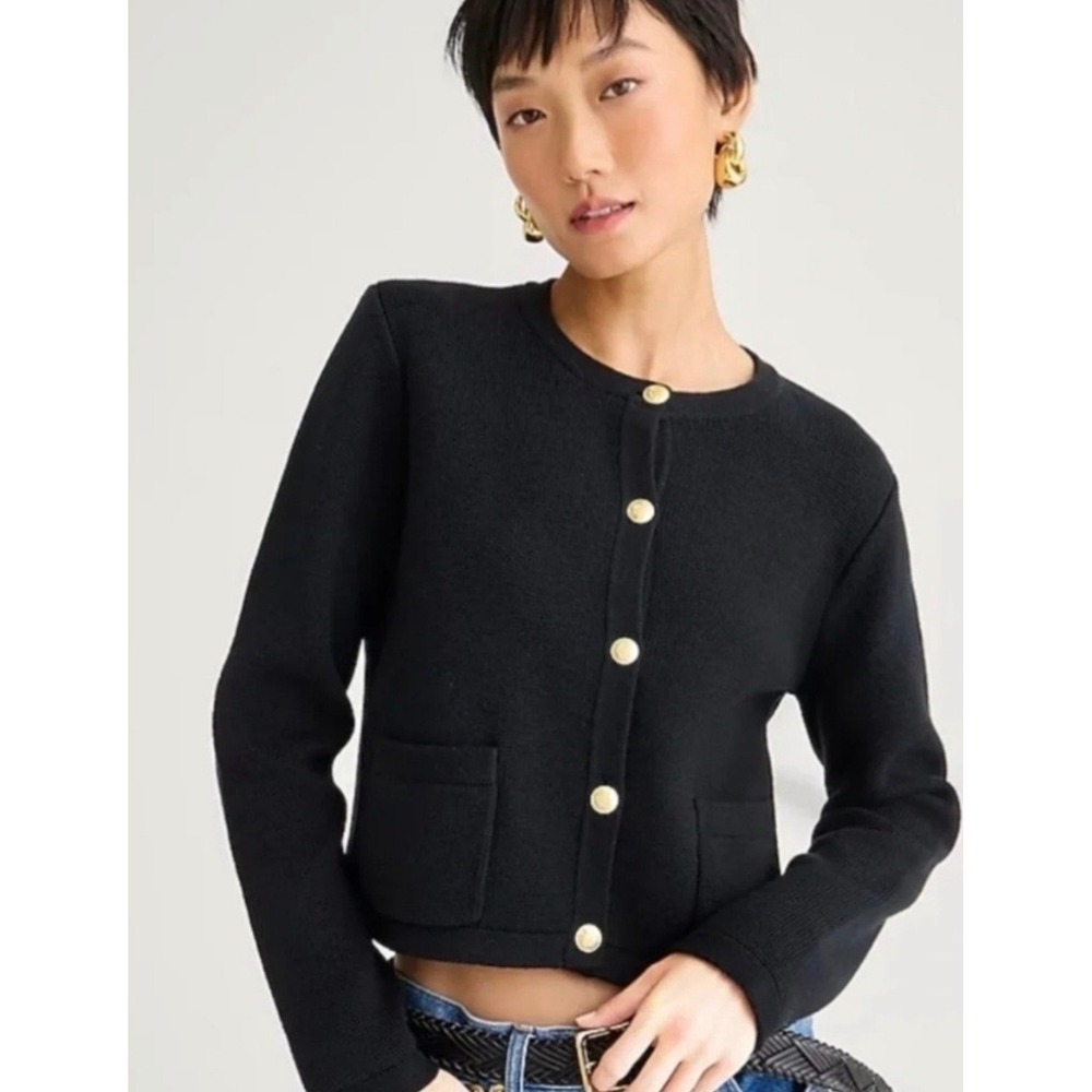 J.Crew | Emilie Sweater Lady Jacket Medium Black Gold Button BQ197 Quiet Luxury